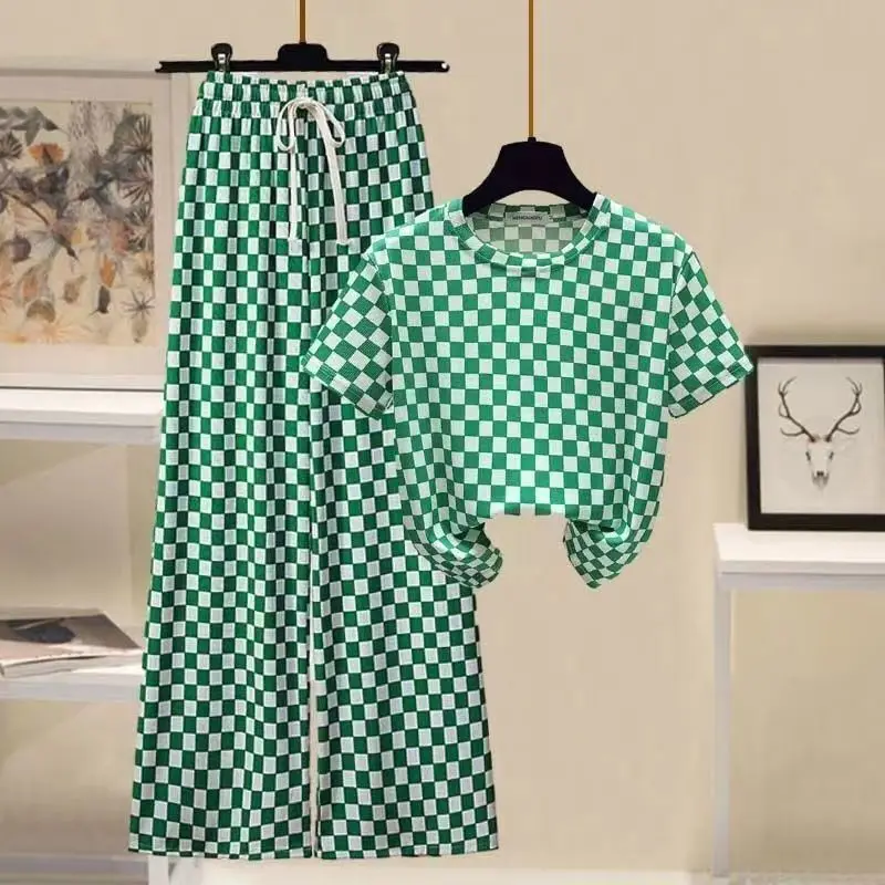 Fashion Set Women's Spring/Summer 2024 New Korean Round Neck Top Casual Wide Leg Pants Design Sense Two Piece Set