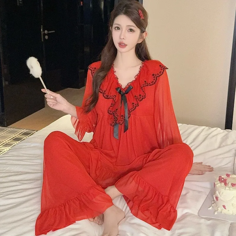 Women 2026 with Chest Pads Foreign Style Solid Color Lace Loungewear Festive Pajamas Women's New Mesh Set
