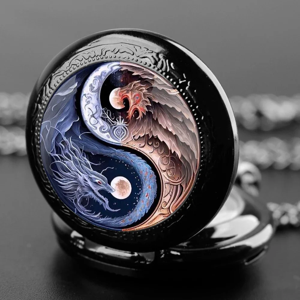 Yin-Yang Dragon Design Relógio de bolso de quartzo com cúpula de vidro com corrente robusta e mostrador de numerais romanos para homens e mulheres, presentes exclusivos