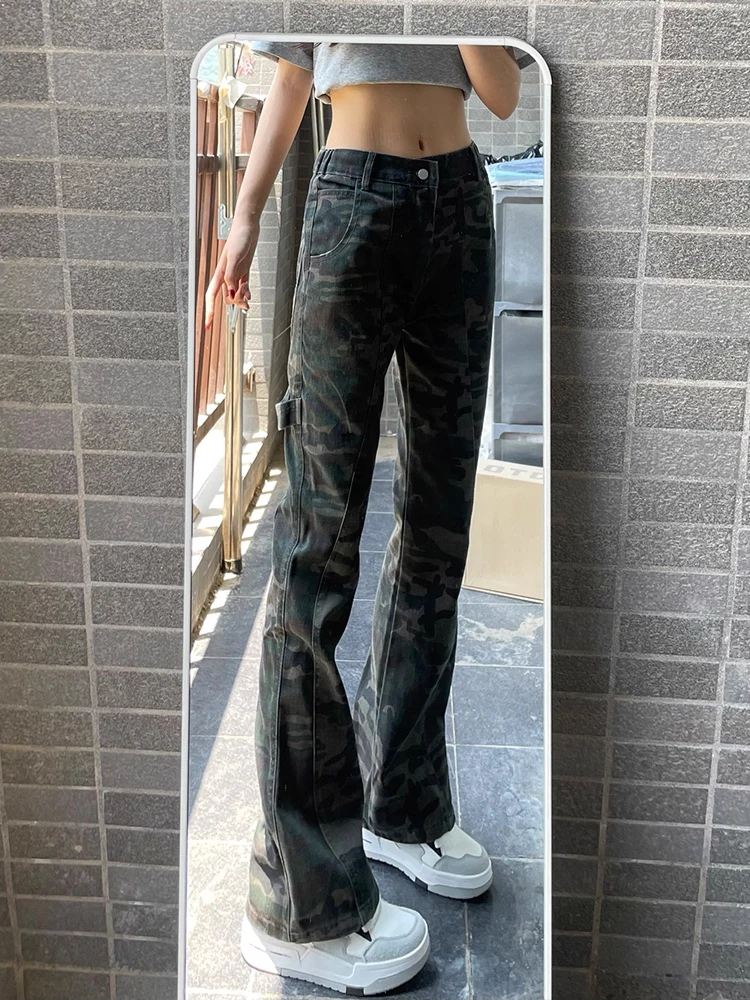 

Камуфляжные джинсы с высокой талией в американском стиле ретро для мужчин и женщин, весна-осень, High Street Vibe, удлиняющие ноги, микро-расклешенные рабочие...