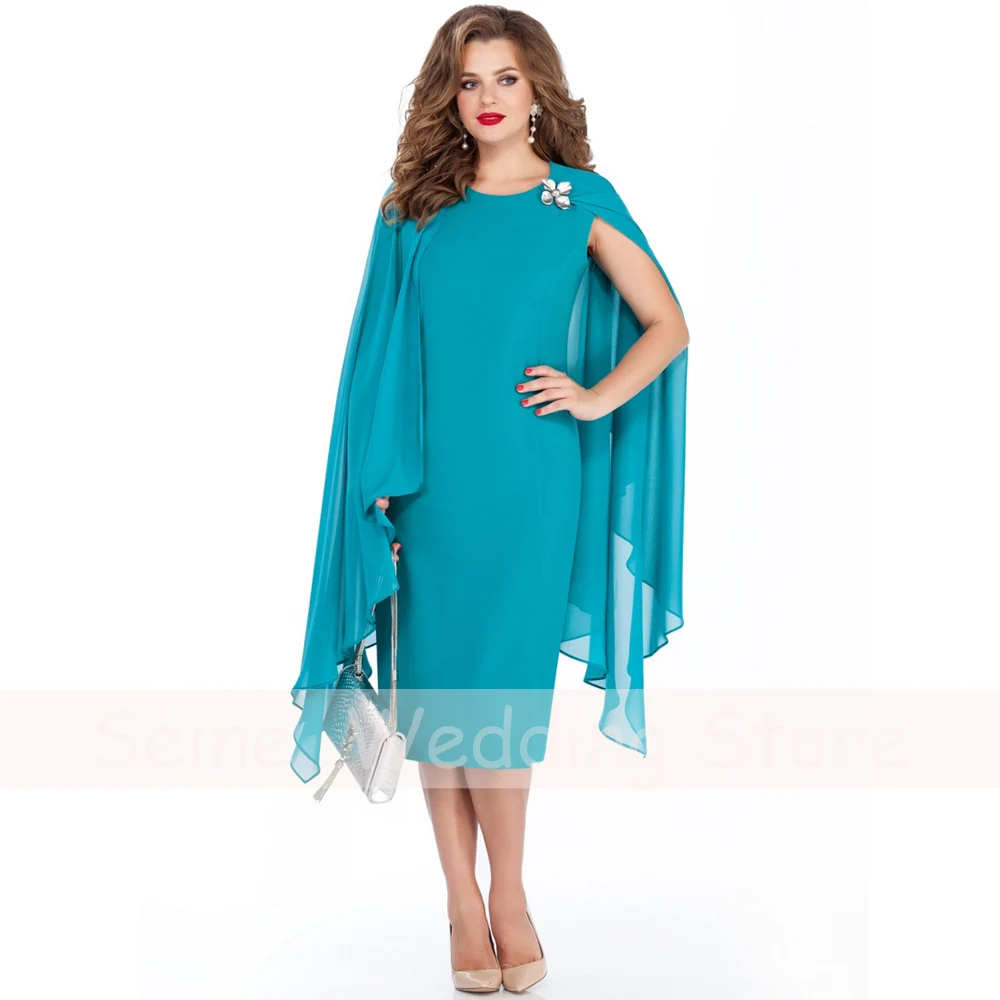 Plus Size Mother of the Bride Dress 2022 Chiffon Knee Length O-Neck Elegant Women Guest Wedding  with Cape Robe De Soirée