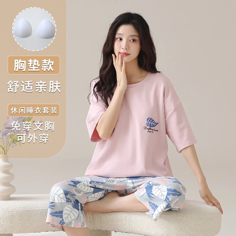 Pijamas Femininos de Verão Tamanho Grande M-5XL com Almofada no Peito 100% Algodão Conjunto Casual de Pijamas para Mulheres