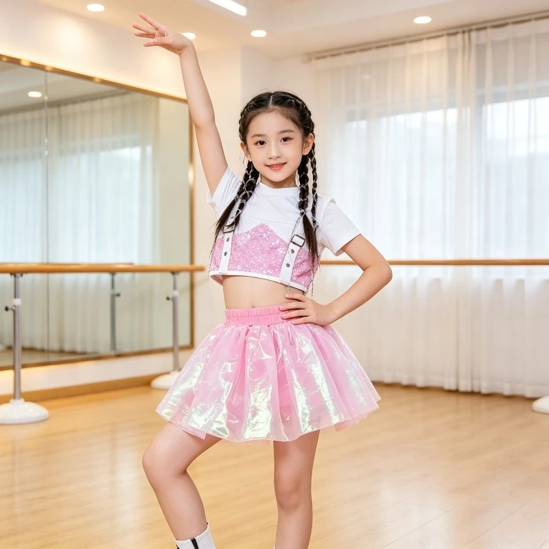 Kids Girls Sequin Jazz Street Dance Costume Modern Stage Performance Competition Outfit Children Dance Clothes Dancewear zym view 2