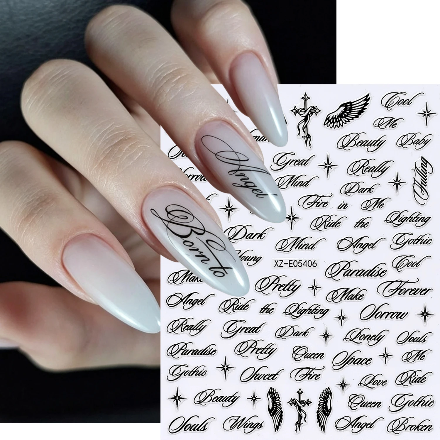 3pcs Y2k Angel Wings Black English Letters Nail Art Sticker 3D Gothic Cross Italic Roman Alphabet Nail Decals Self-adhesive Dec