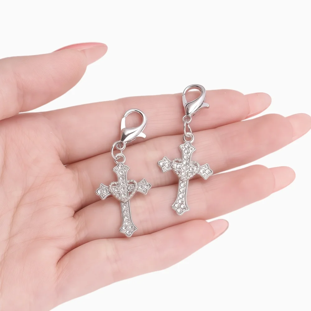 10Pcs Silver Color Alloy Crystal Cross Pendant With Lobster Clasp Charm For DIY Jewelry Making Necklace Craft Accessories