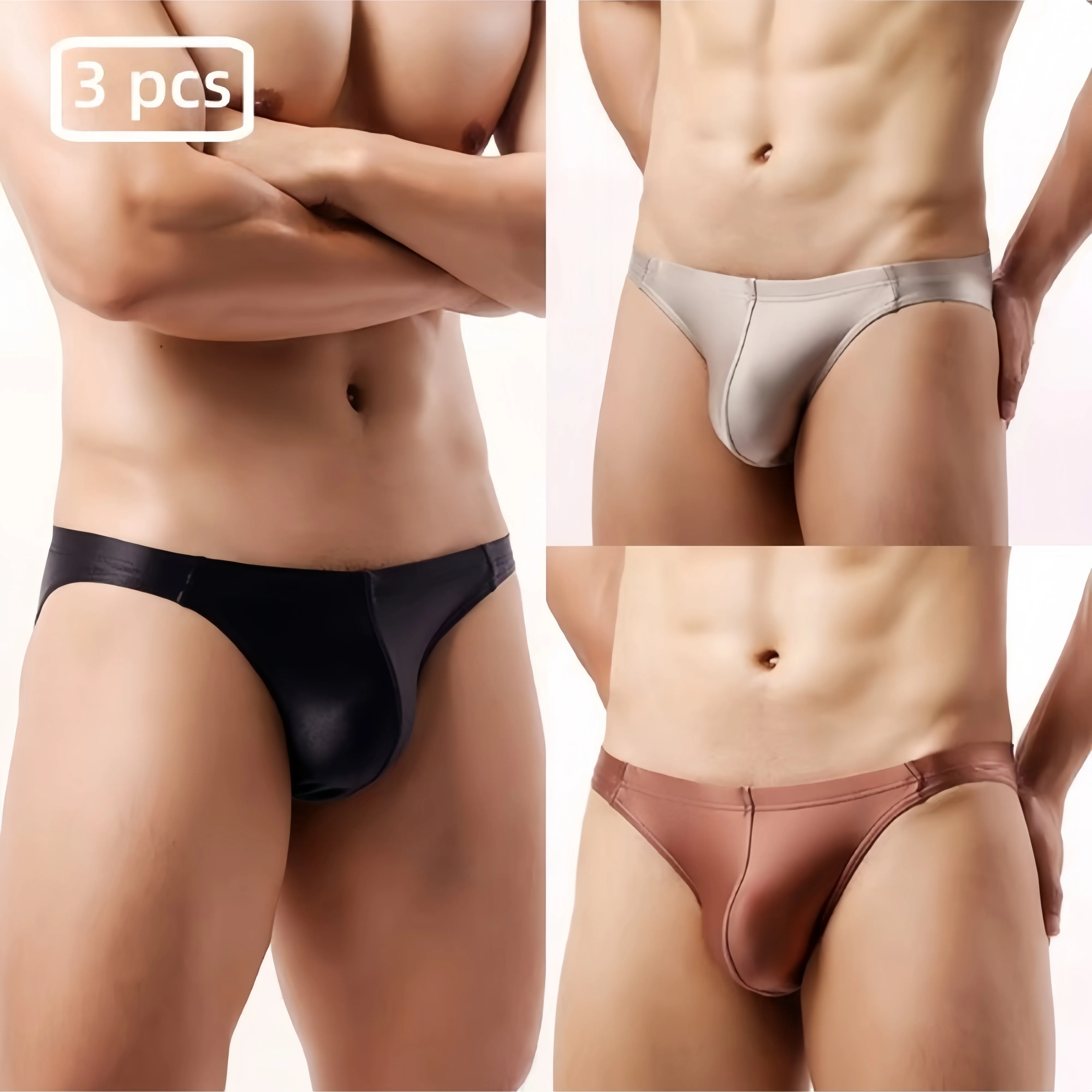 Three-Piece Set of Men's High-End Satin Low-Waist Comfortable Briefs for Young Men, Skin-Friendly, Comfortable, Breathable, Smooth and Stylish Underwear