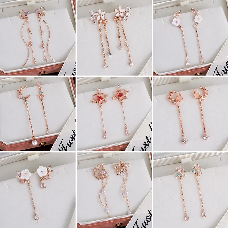 Tassel Drop Earrings Butterfly Floral Long Sparkle Zirconia Silver Plated Alloy Lightweight Elegant Sweet Daily Wear Jewelry