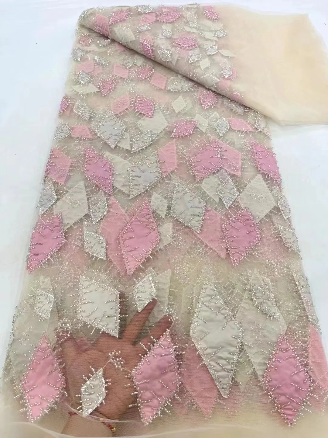 Luxury African Heavy Beaded Embroidery High Quality Nigerian Sequins With Pearl Lace French Tulle Fabric For Party Sewing