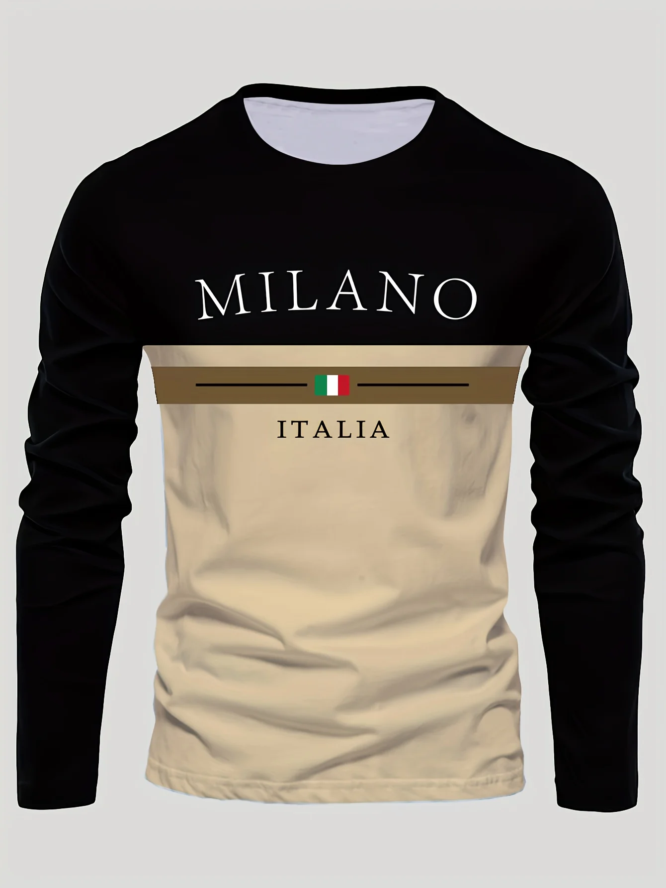 تي شيرت رجالي بأكمام طويلة مطبوع عليه ميلانو إيطاليا أسود بيج كتلة اللون، تصميم العلم الإيطالي، ملابس الشارع الشهير القطنية غير الرسمية #1