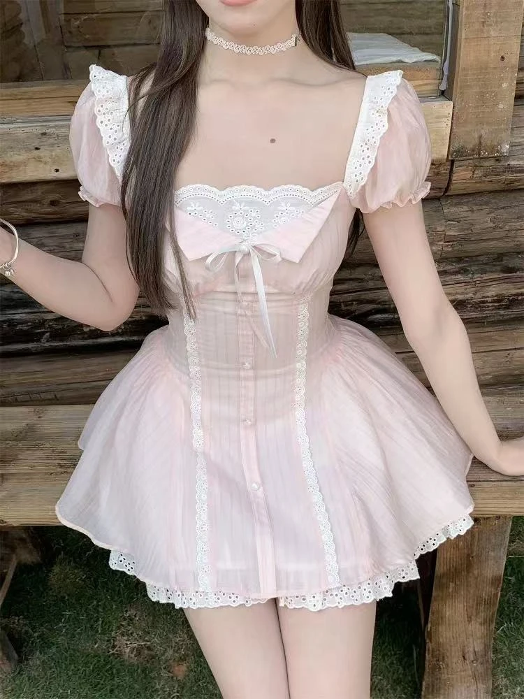 

Sweet Design Sense Bubble Sleeve Pink Dress Women Korean Fit Chic Kawaii Y2k Dresses New Fashion Cute Slim Lace Clothing Summer
