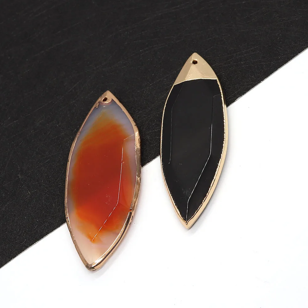 30x80mm Natural Black Agate Pendants Leaf Shape Plated Edge Handmade Charm for DIY Necklace Jewelry Making Crafts Accessories