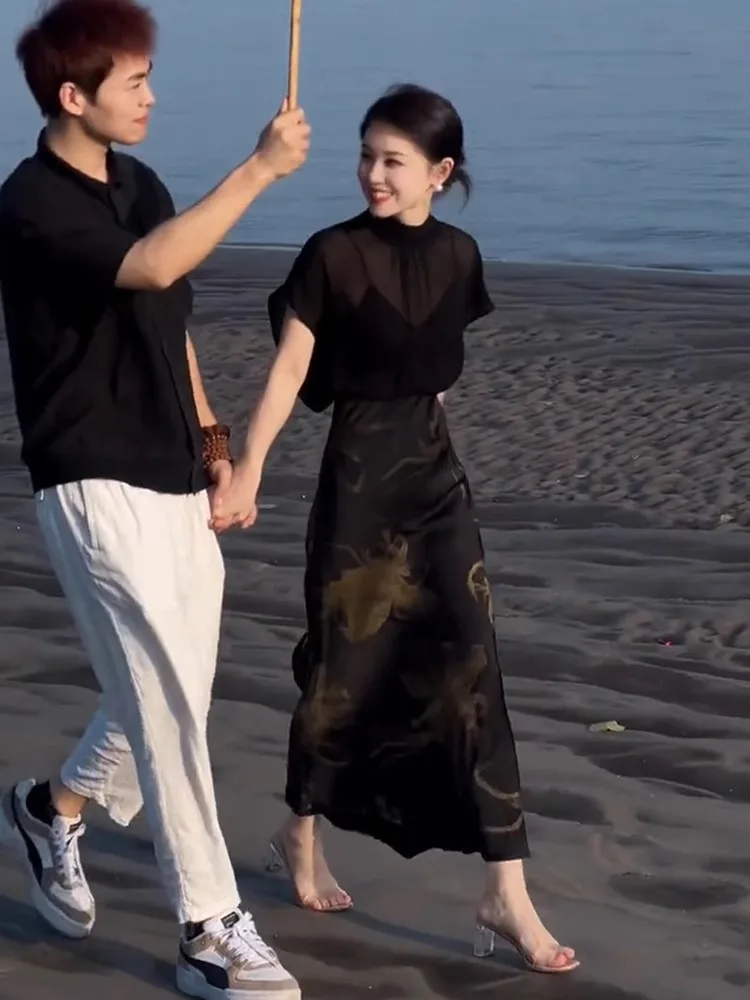 

Summer Faion Large Size Women's Chiffon Top Skirt Set Ele Two-Piece Ensemble Casual Sle round Ne ort Sve