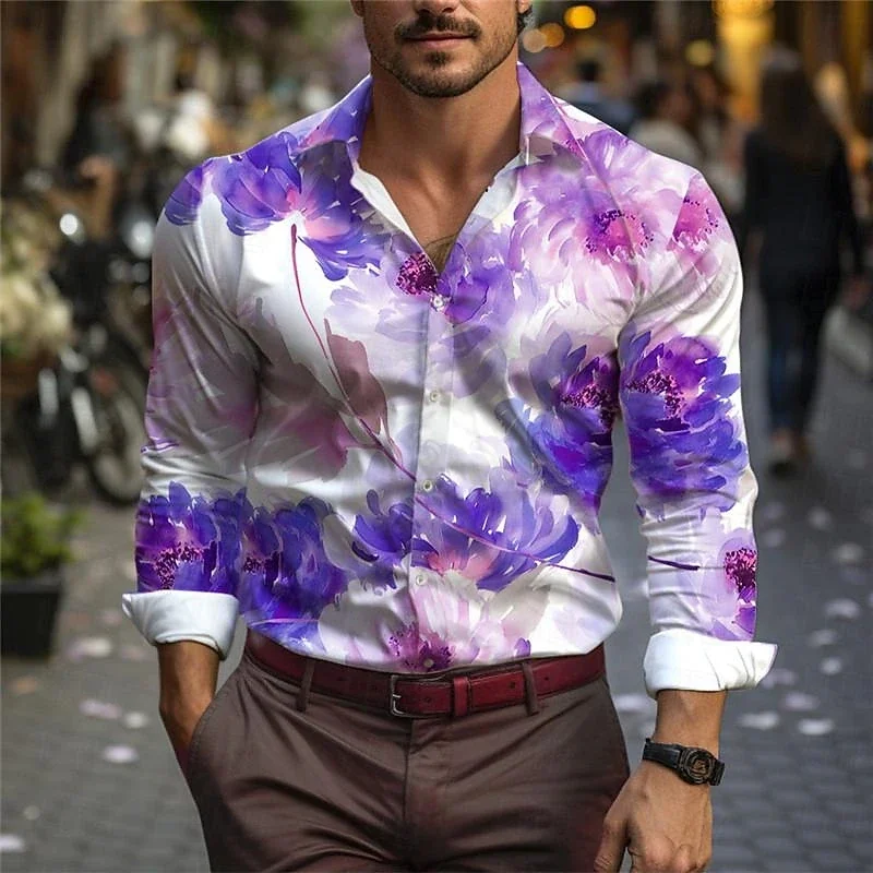 Men's 3D Printing Plant Print Long Sleeve Shirt Hawaiian Simple Business Casual Button Shirt Beach Vacation Men's Shirt