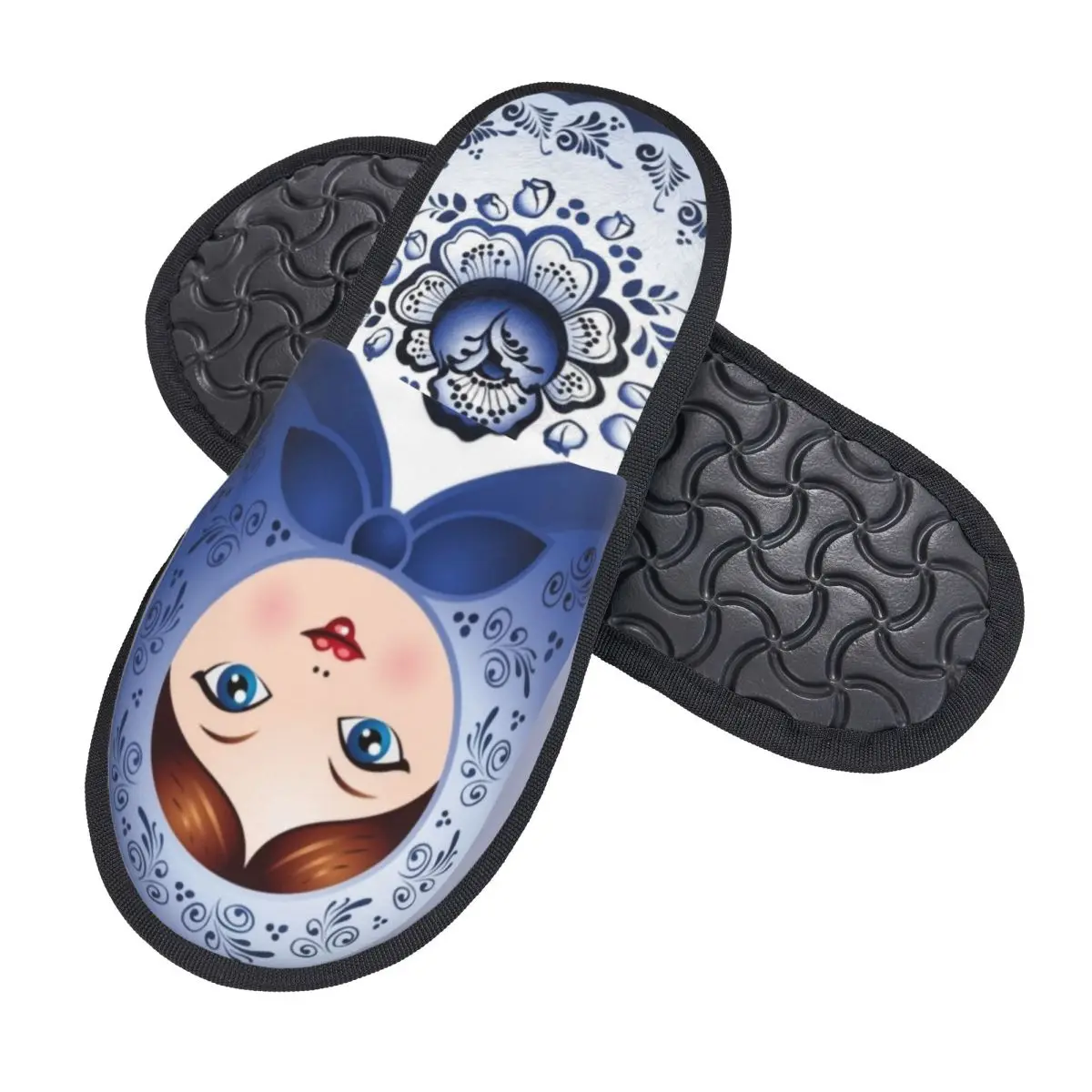 Custom Blue Matryoshka Doll Comfy Scuff With Memory Foam Slippers Women Russian Babushka Folk Art Hotel House Shoes