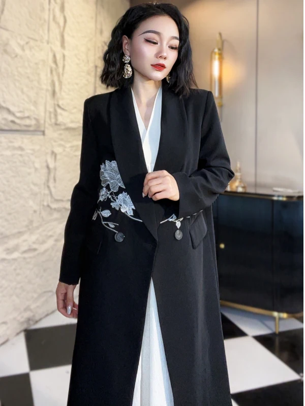 

Ele Bla Embroidered Women's Suit Jaet Casual High-End Feeling Ladylike Unique Sli Mid-Length Plant Floral Pattern