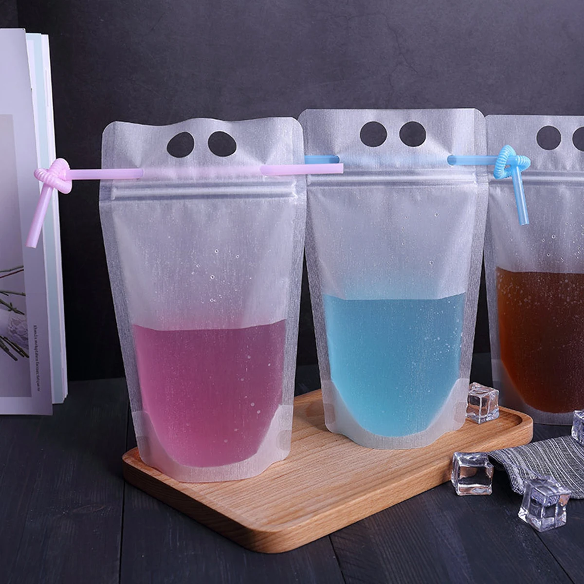 50Pcs Portable Frosted Drink Bag Resealable Liquid Standing Bag Straw Transparent Packaging Plastic Bag Portable Straw Party Use