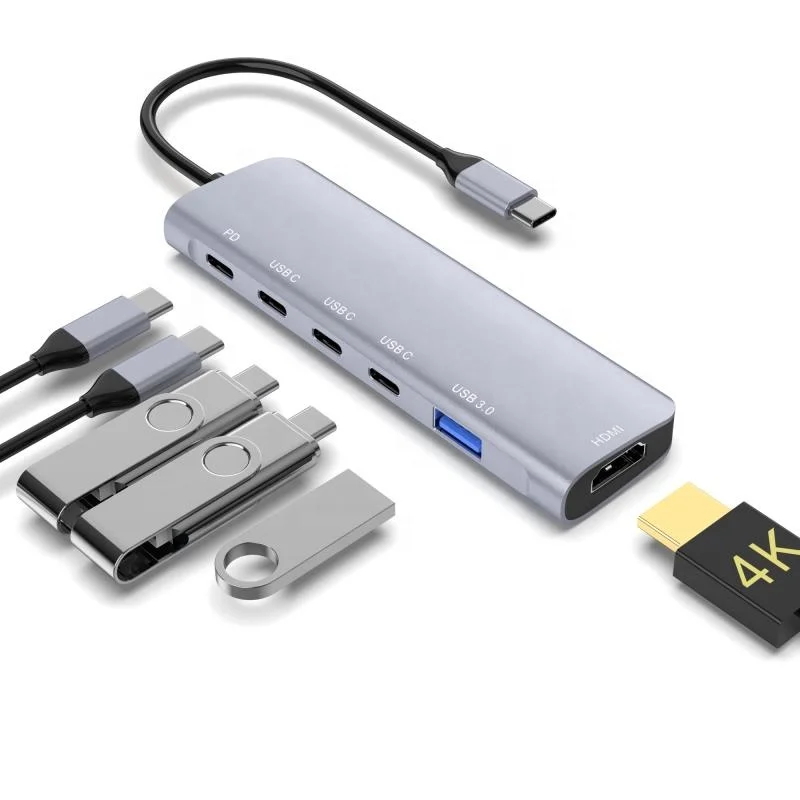 6-in-1 USB-C Hub Adapter with HDTV 4K30Hz, 3*Type-C 5Gbps, USB-A 3.0, 100W PD Charging for MacBook Pro/Air