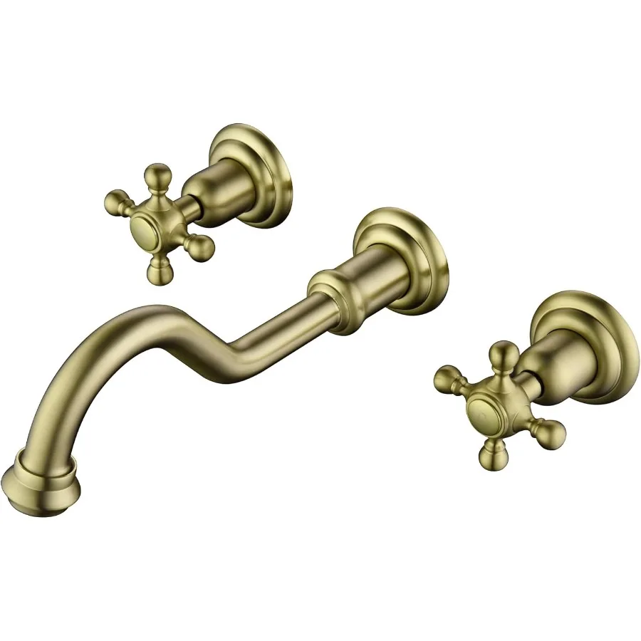 

Brushed Gold Wall Mount Bathroom Sink Faucet3 Holes Vintage Style Lavatory Basin Faucet with Cross Knobs Included Rough-in Valv