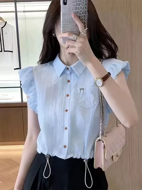 Women's Short Sleeve  Shirt 2026 Summer New Style Slimming Waist Design Belly Covering Fashionable Korean Loose Fit Blouse