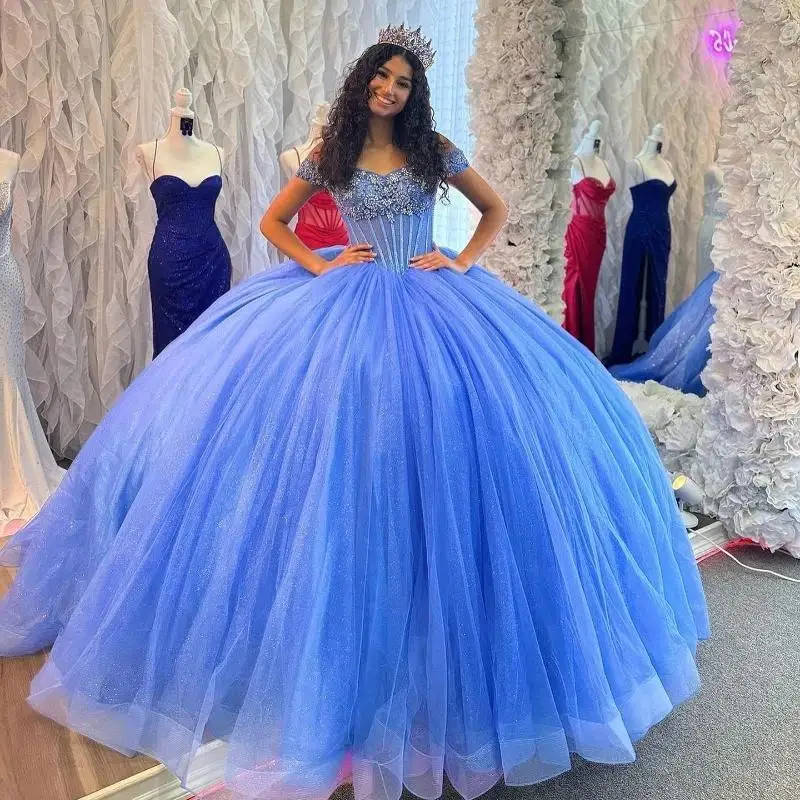 

Blue Shiny Princess Quinceanera Dresses Beaded Crystal Tull Ball Gown 16th Birthday Gowns Sweet 16 Vestidos De 15 Años