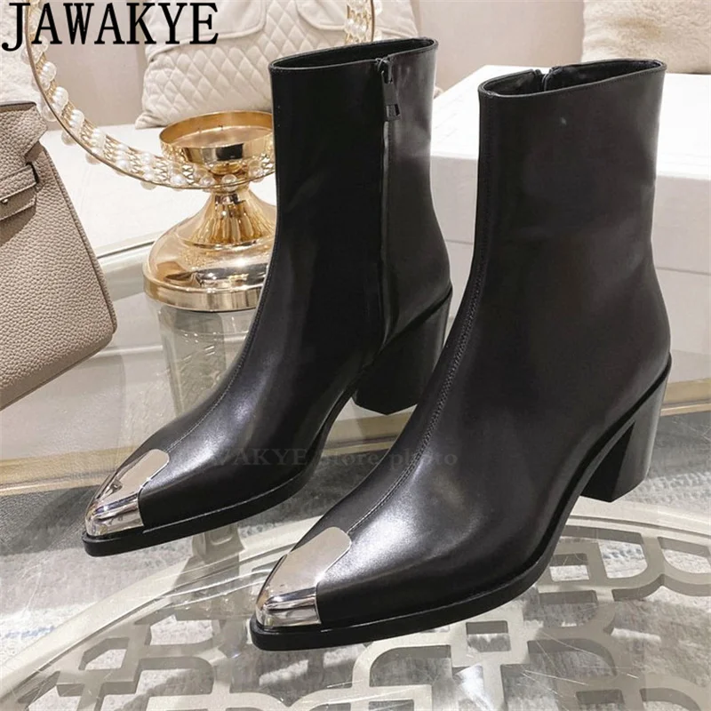 

Black Genuine Leather Chunky Heel Ankle Boots Women Pointy Toe Chelsea Short Boots Winter Popular Fashion Motorcycle Boots Woman