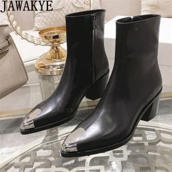 Black Genuine Leather Chunky Heel Ankle Boots Women Pointy Toe Chelsea Short Boots Winter Popular Fashion Motorcycle Boots Woman