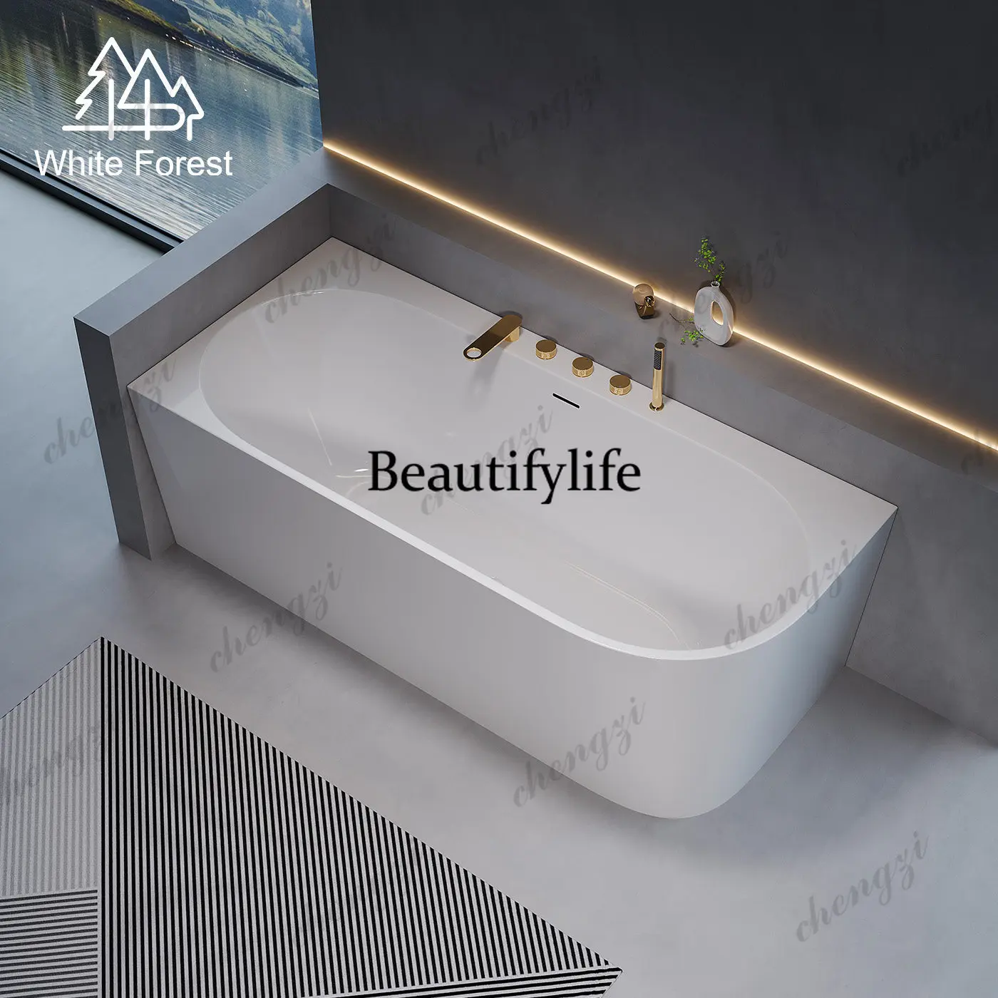 Unilateral arc facing outward Asymmetrical aesthetic design Right angle acrylic bathtub against the wall