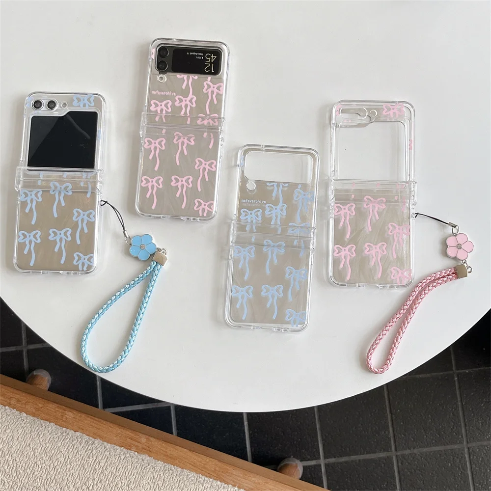 

Korean Cute Bow Ins Silver Phone case for Galaxy Z Flip6 7FE Flip5 6 Flip4 Flip3 4 5 6 Cover With Chain Strap Shockproof Funda