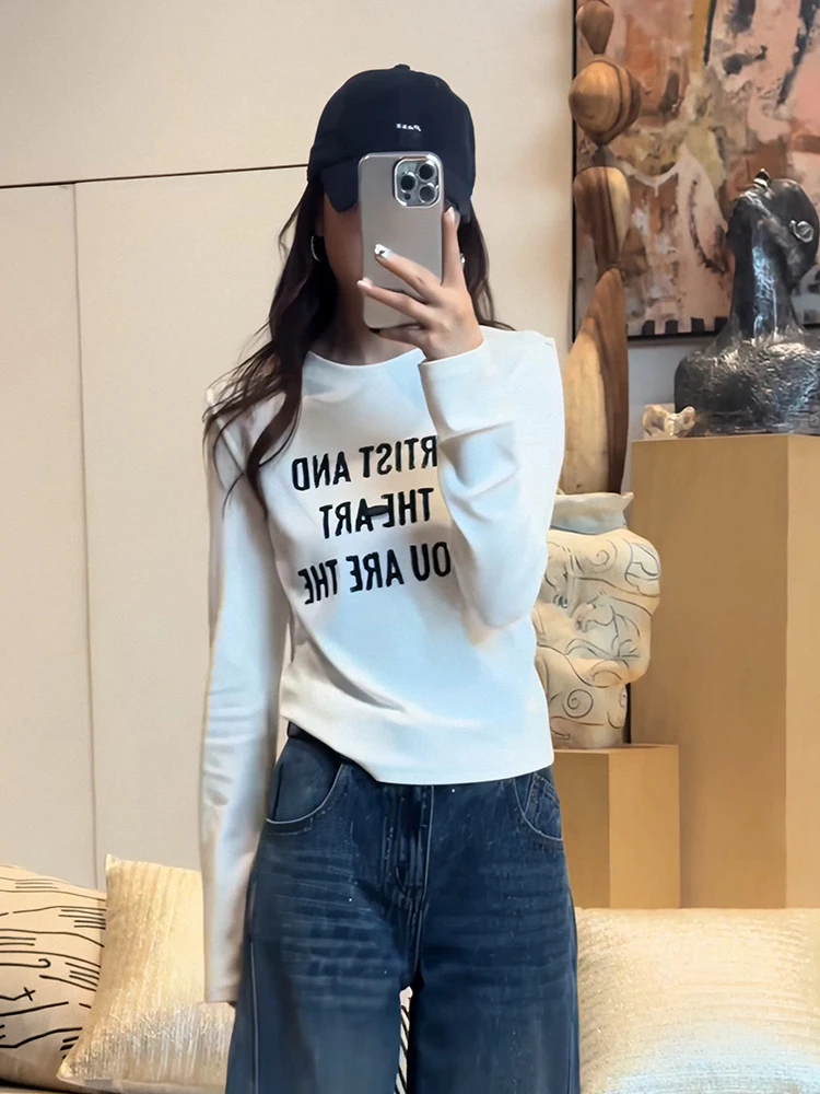 한국 슬림핏 다용도 캐주얼 롱 슬리브 티셔츠 여성용 신상 여름 자외선 차단 탑 면 폴리에스터 혼방