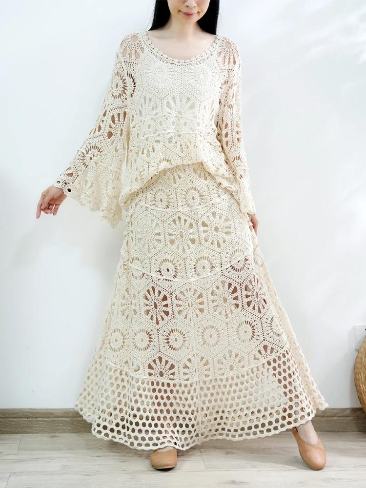 TIYIHAILEY Long Maxi Women Crochet Lace Skirts New Fashion A-line Elastic High Elastic Waist 2025 Flowers Beige White Ladies