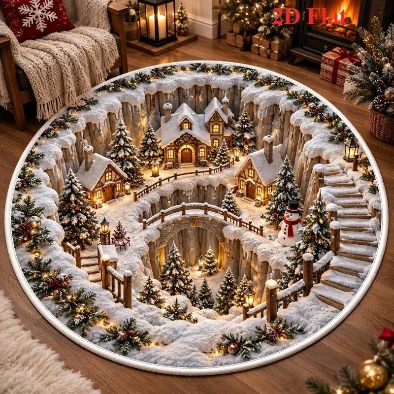 Round Area Rug Snowy Christmas Village Cliff Well Stone Bridge 2D Flat Print for Living Room