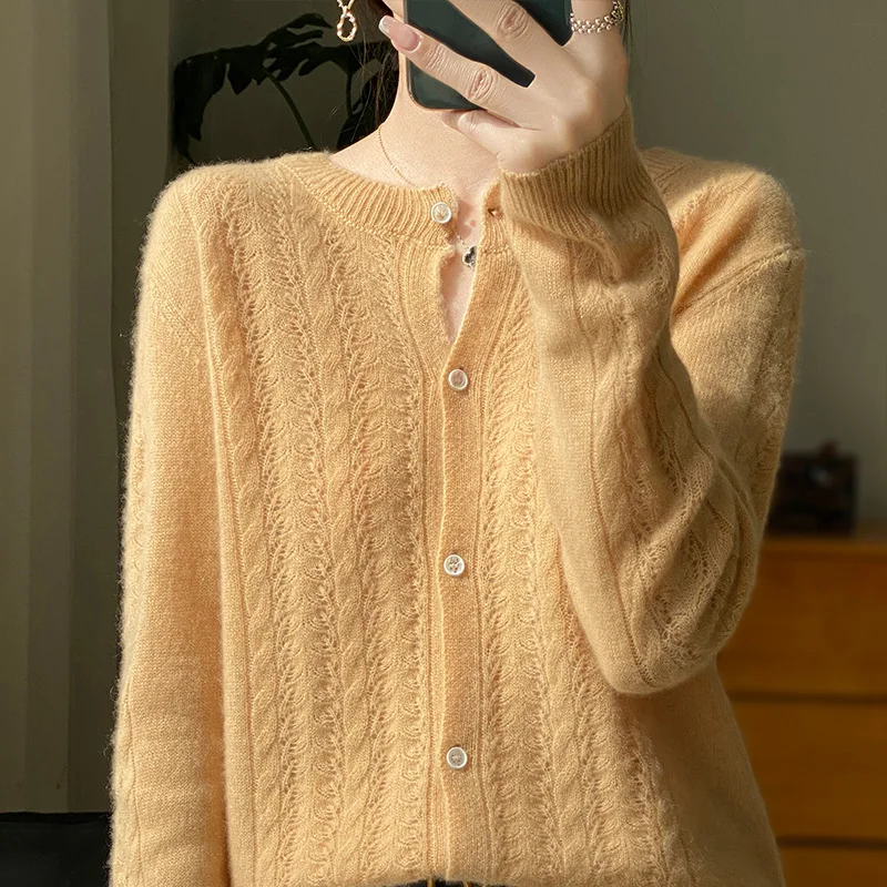 

Women's Cardigan 2024 Spring/Autumn New Sweater Casual Knitwear Loose Ladies Clothes Hollow Round Neck Blouse Overside Jacket