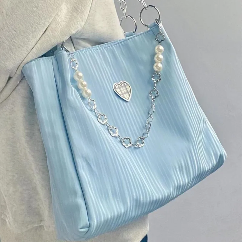 

Sweet Cute Chain Pearl Tote Bag Women Blue Stripe Large Capacity Shoulder Bag Ladies Everyday Versatile Commute Underarm Bag New
