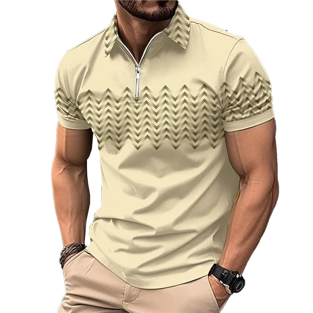 Men Tops Tops Blouse Casual Mens Muscle Short Sleeve T Shirt Tee Waves Print Zip Collar For Men Widely Applicable