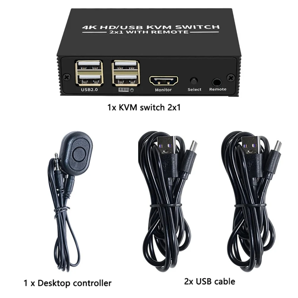AF93--مفتاح KVM متوافق 2X1 4K - محدد مفتاح USB متوافق 2 في 1 خارج مع 4 منافذ USB Hub