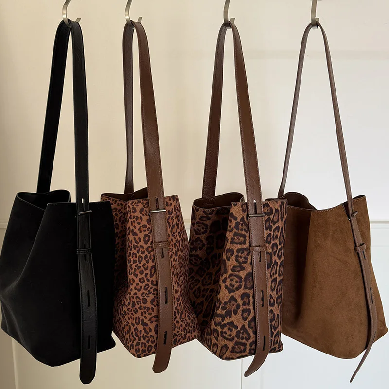 

Korean niche INS suede retro leopard print bucket bag versatile single shoulder crossbody women's tote bun mother bag