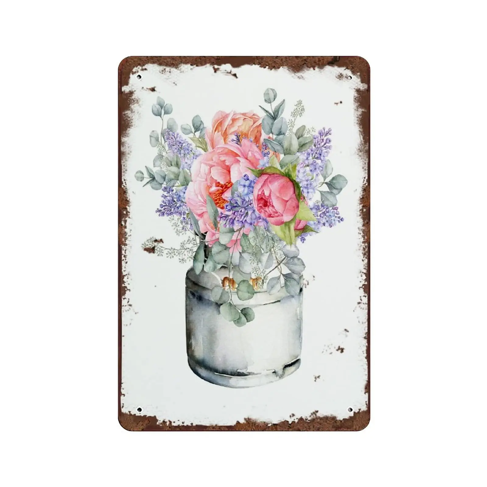 Graman Lilac Bouquet Vintage Tin Sign Retro Signs Decoration Fun Decorative Sign for Women Men Watercolor Pink Peonies Eucalyptu