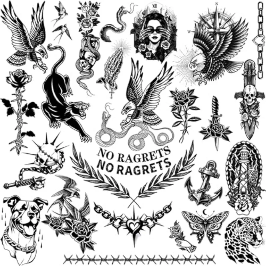 

Lar Black Old Scool Temporary Tattoos Women Med Adult, 300+PCS Traditional American R Sty alf Arm/DIY Free Conation of Classic