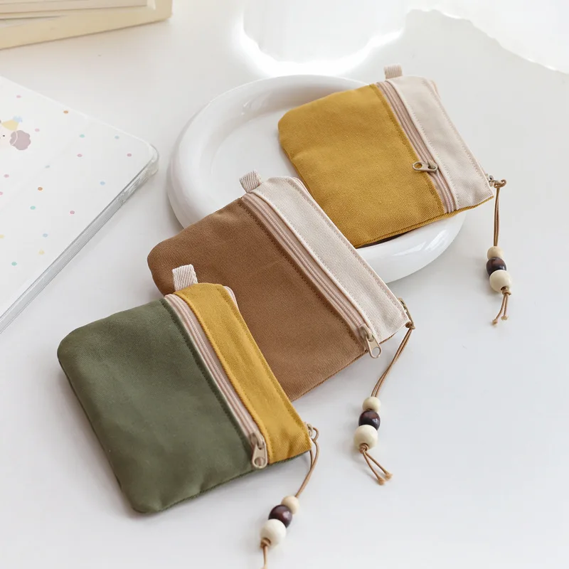  Canvas Zipper Coin Purse Card Holder Key Bag Multi-Layer Simple Color Block Artistic Wallet for Women