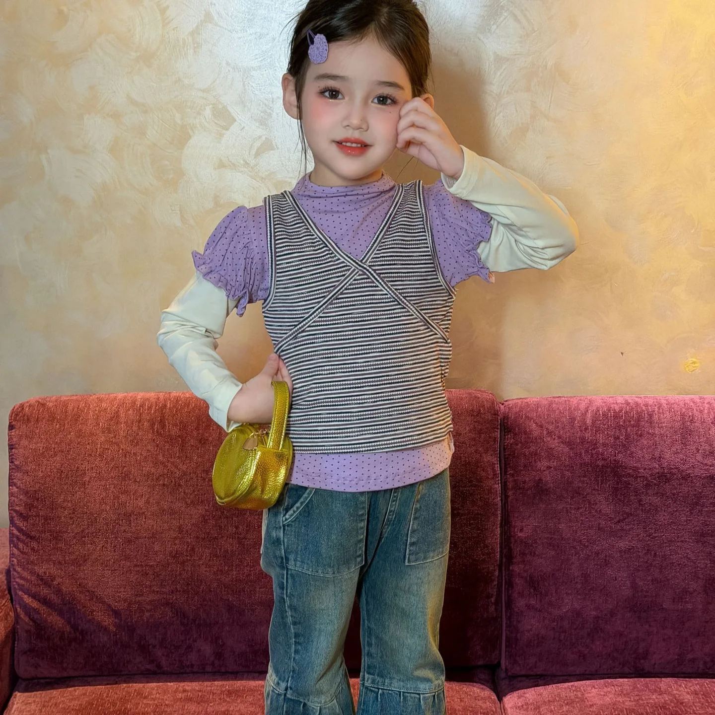 Childrens Wear 2026 Fall New Childrens Wear Girls Three Color Real Two Piece T Shirt Long Sleeve T Shirt Vest Jeans