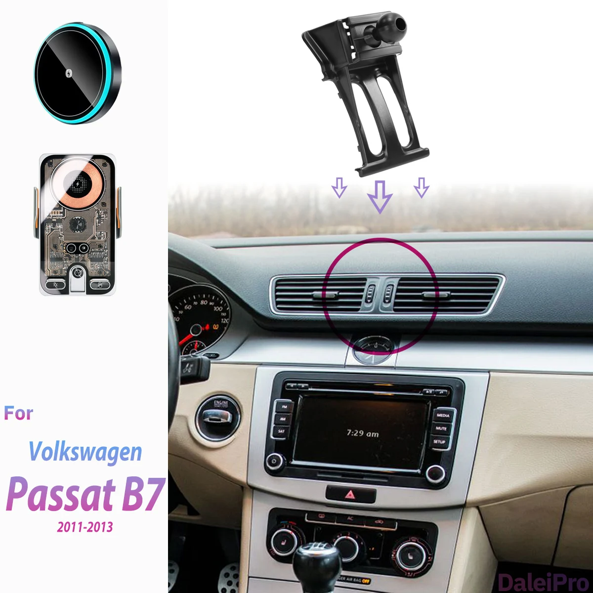 Support de téléphone pour voiture avec chargeur sans fil et fixation magnétique puissante pour Volkswagen Passat B7 Alltrack 2011-2013