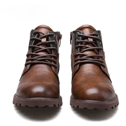 Retro Lederen Heren Enkellaarzen Hoge Top Schoenen Winter Outdoor Werk Casual Schoenen Punk Heren Motorlaarzen Plus Size Botas Hombre