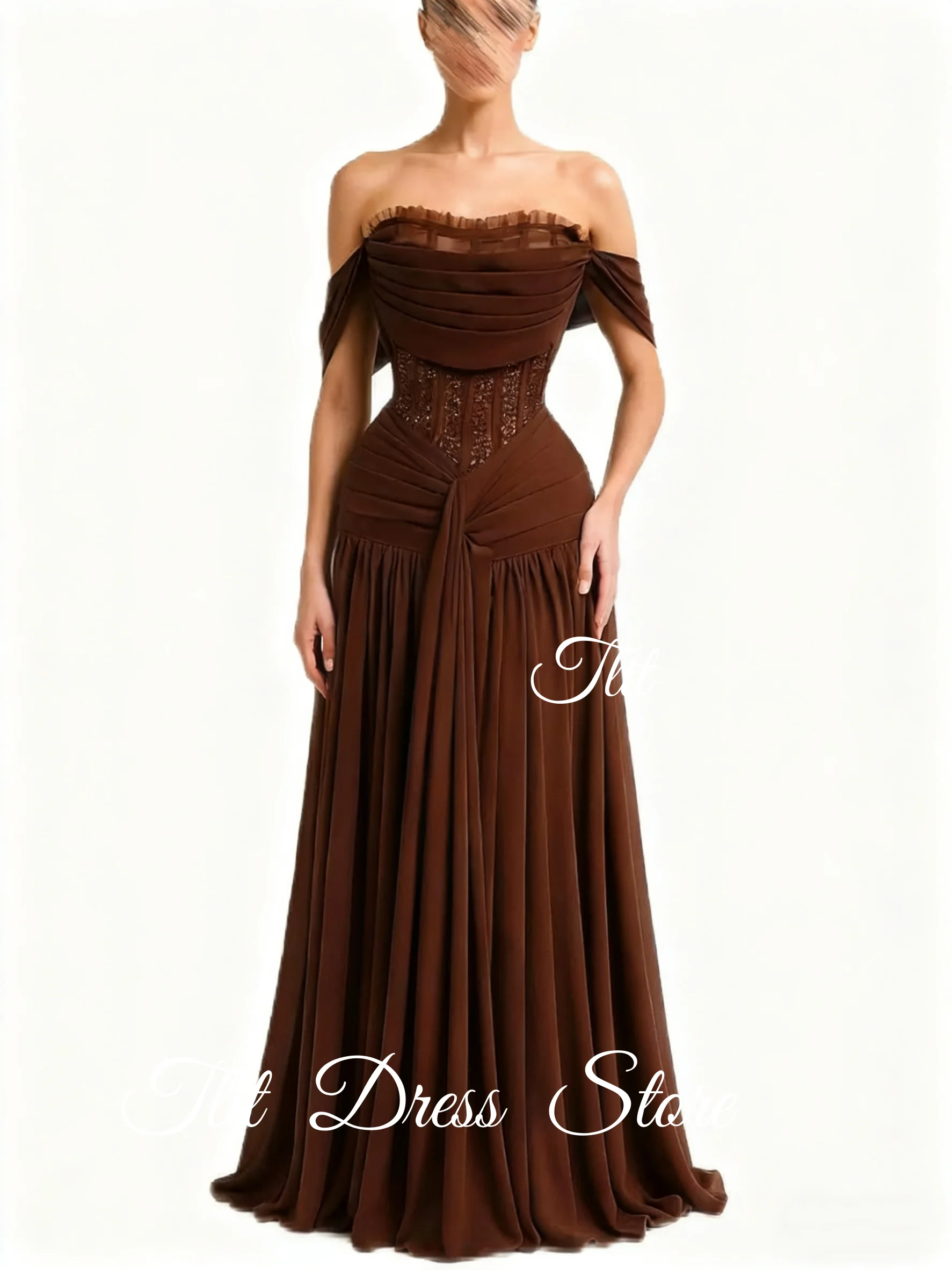TLIT قبالة الكتف الشيفون ثوب السهرة الرسمية البني مطوي الديكور الفاخرة الديكور فساتين السهرة مخصص حزب أثواب #2