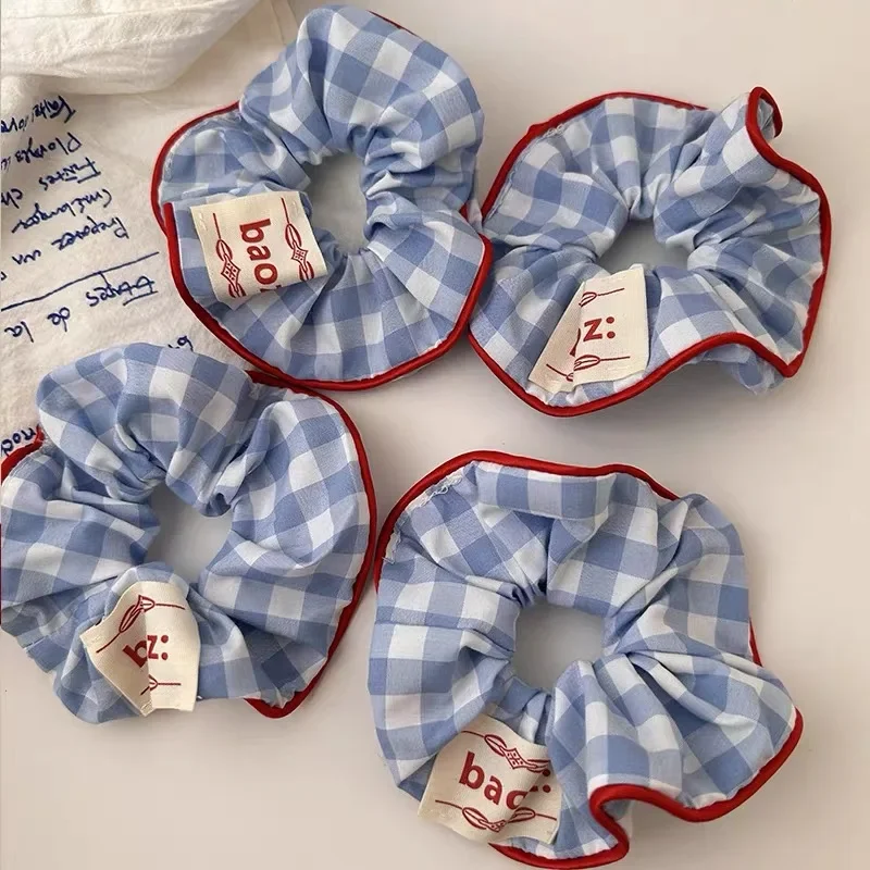 New Scrunchies Blue Plaid Grid Red Hem Large Size Hair Tie Sweet Cute Elastic Hair Band Women Hair Accessories