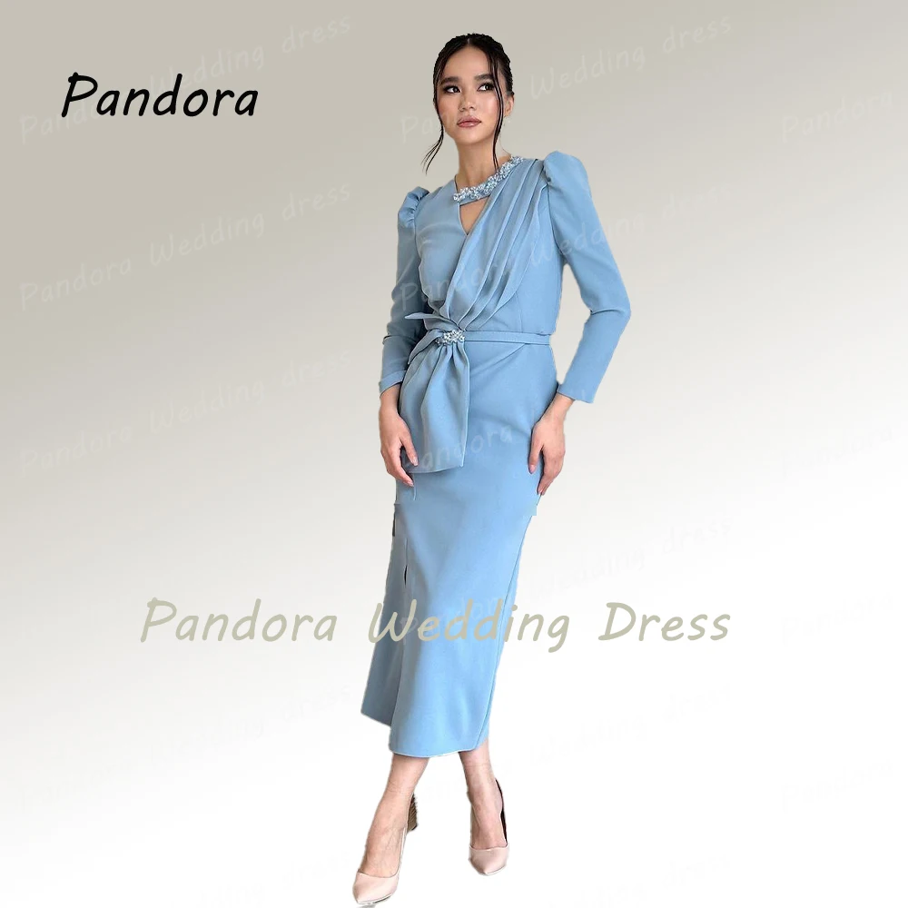 Pandora vestido de noche formal para mujer, cuello redondo, manga larga, plisado, cuentas, sirena, hasta el tobillo, boda, cumpleaños, fiesta de graduación