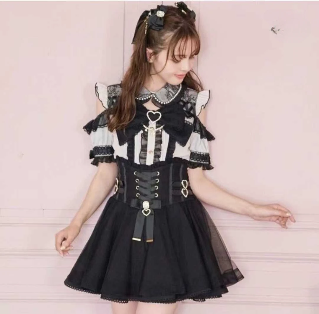 Japanese Mine Series Female Girls High Waist Ribbon Leather Ring Nipped Waist Mesh Skirt Spring Summer Lolita Bow Shirt Outfits