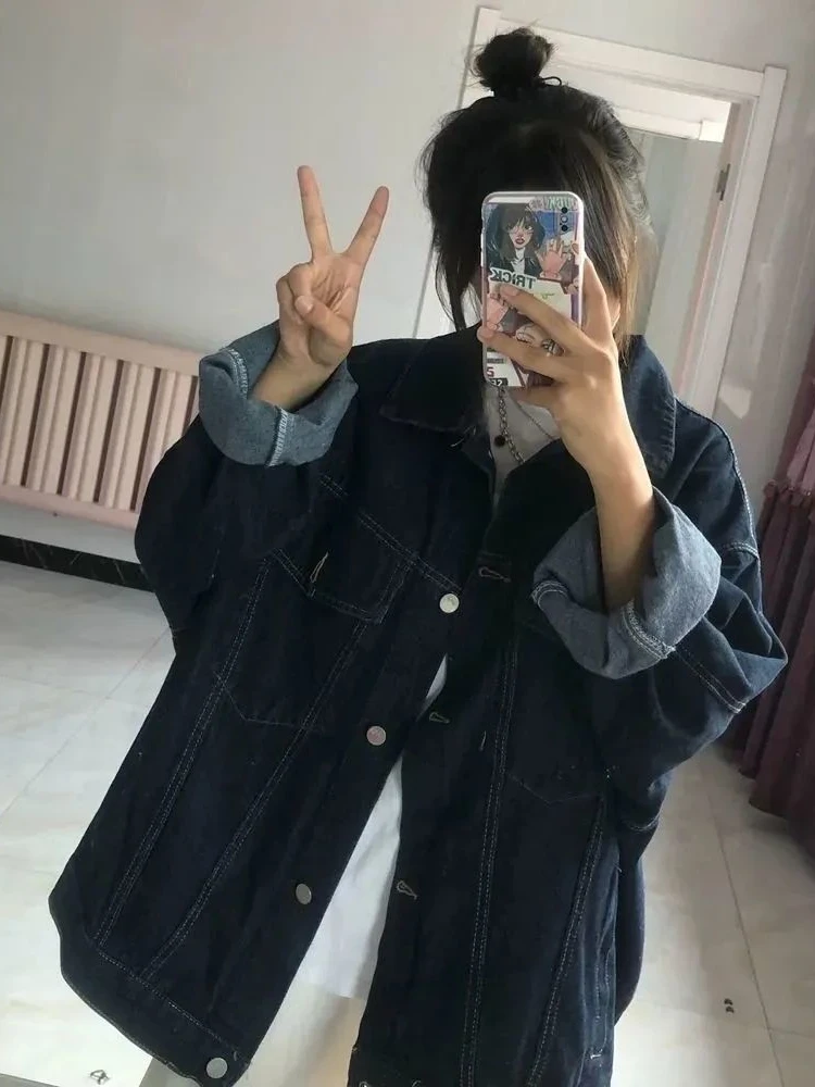 Vintage Denim Jackets Women Harajuku Dark Blue Jeans Coat Korean Fashion Oversized  Y2k Aesthetic Grunge Outwear