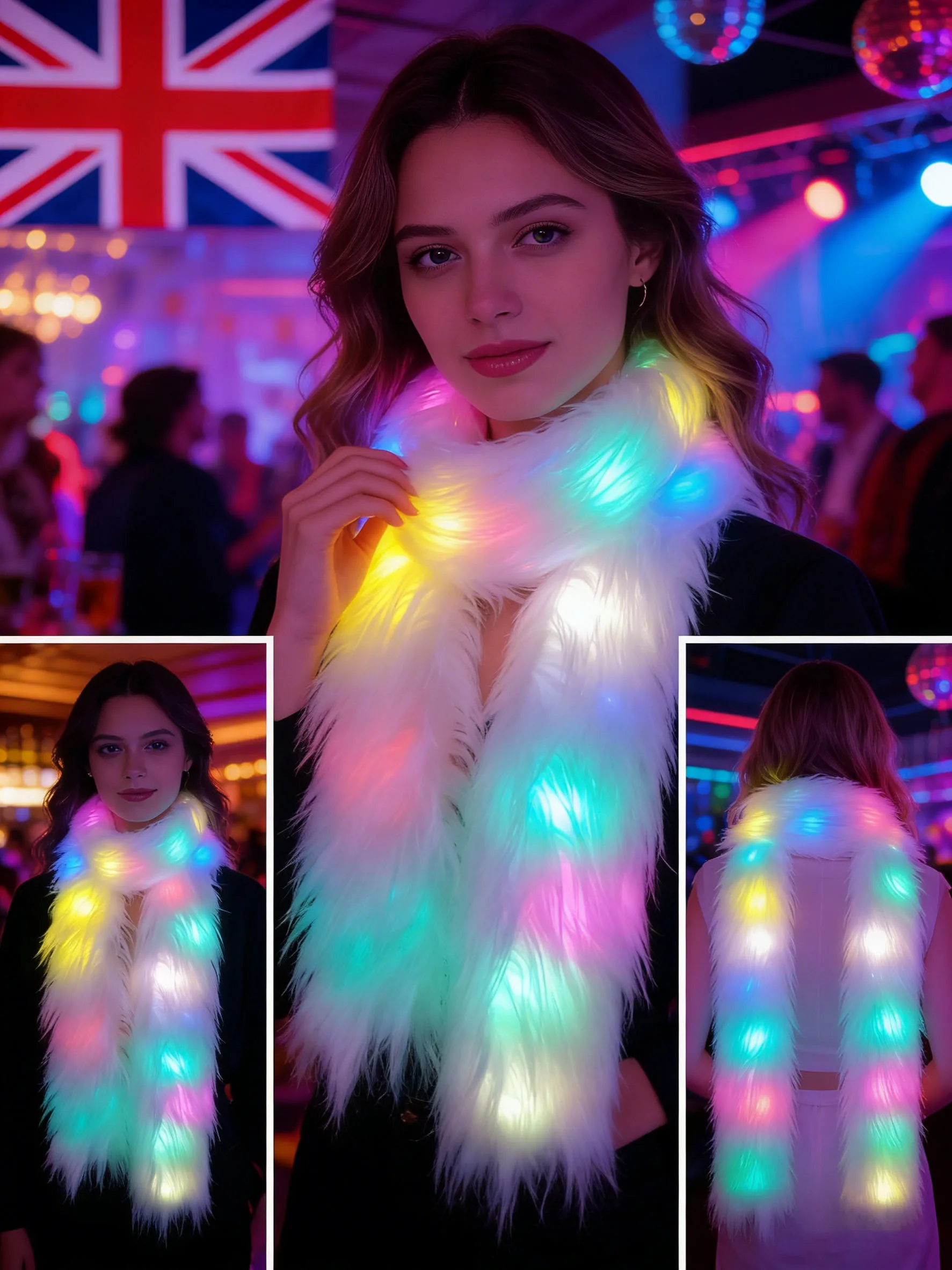 Women Fluffy Faux Fur Thicken Led Lights Cool Night Halloween Costume Scarf Autumn Winter Long Ponchos Scarf Faux Fur Wrap