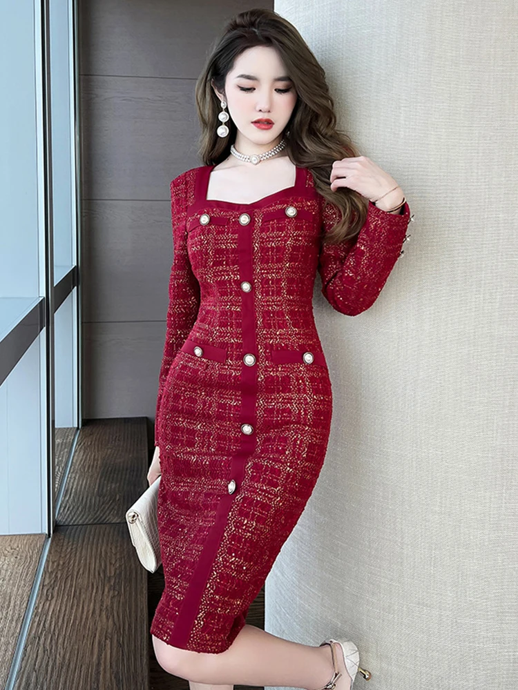 

Elegant Commuter Midi Dresses for Women 2023 Tweed Plaid Square Collar Long Sleeve Slim Bodycon Robe Femme Party Office Vestidos