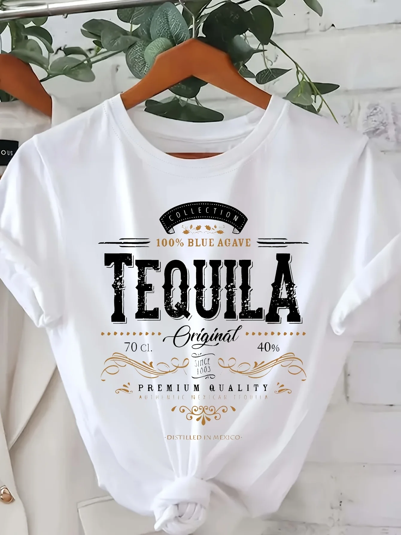 1pc dames casual T-shirt met ronde hals en korte mouwen en tequila-print, 100% polyester gebreide stof, normale lengte